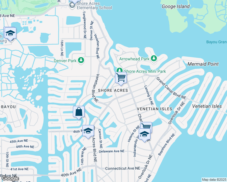 map of restaurants, bars, coffee shops, grocery stores, and more near 5174 Huntington Street Northeast in St. Petersburg