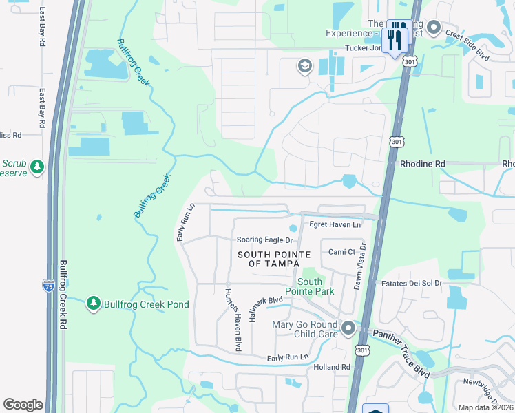 map of restaurants, bars, coffee shops, grocery stores, and more near 13239 Early Run Lane in Riverview