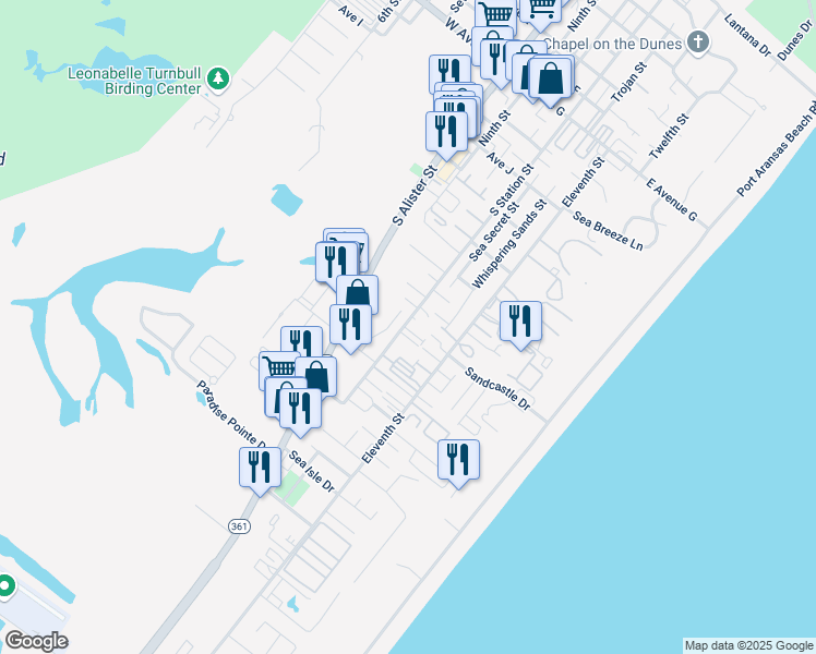 map of restaurants, bars, coffee shops, grocery stores, and more near 1701 South Station Street in Port Aransas