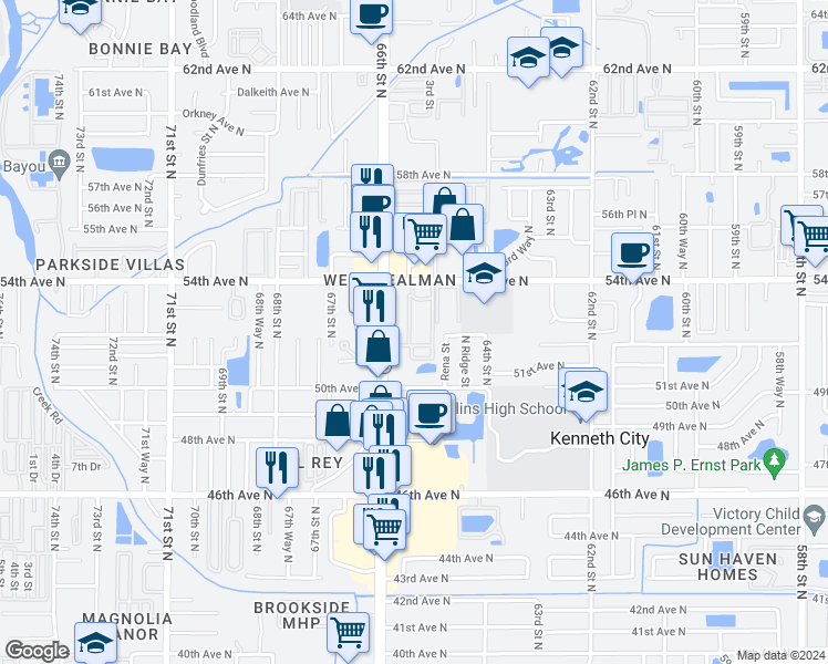 map of restaurants, bars, coffee shops, grocery stores, and more near 5211 65th Way North in St. Petersburg