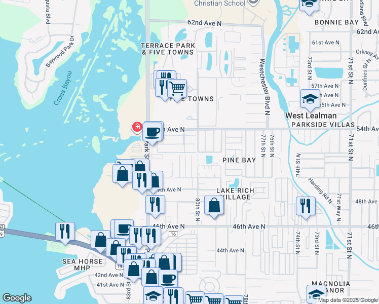 map of restaurants, bars, coffee shops, grocery stores, and more near 5161 80th Lane North in St. Petersburg