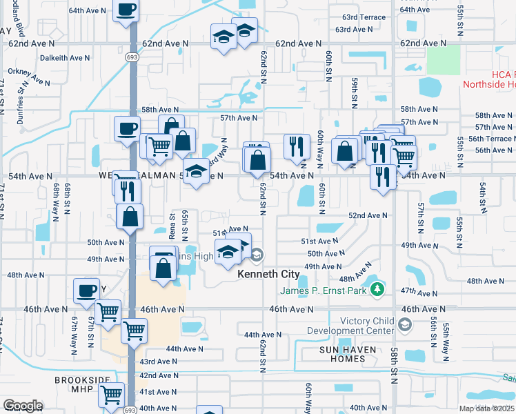 map of restaurants, bars, coffee shops, grocery stores, and more near 6201 51st Terrace North in St. Petersburg