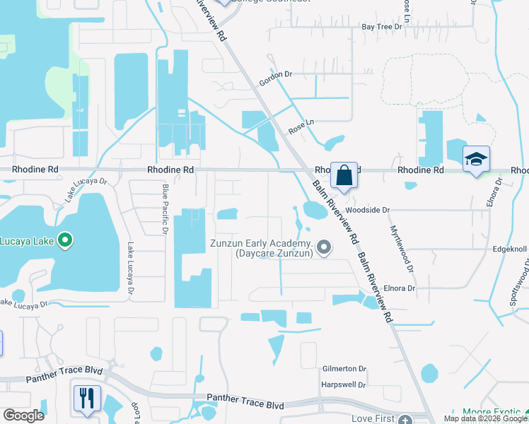 map of restaurants, bars, coffee shops, grocery stores, and more near 11720 Thicket Wood Drive in Riverview