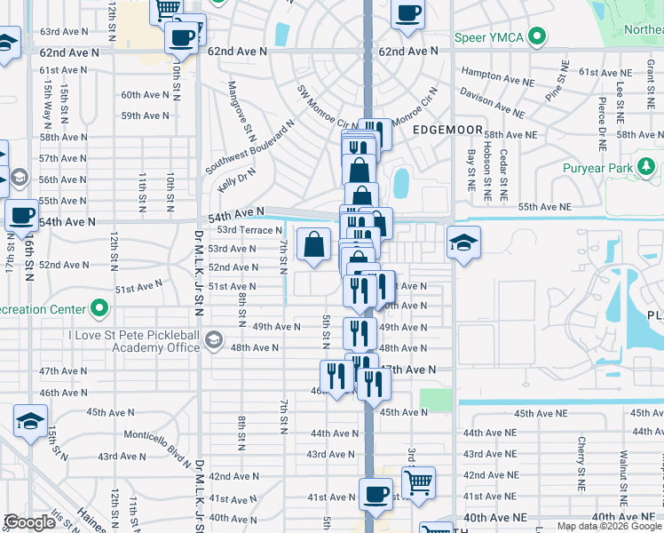 map of restaurants, bars, coffee shops, grocery stores, and more near 551 52nd Avenue North in Saint Petersburg