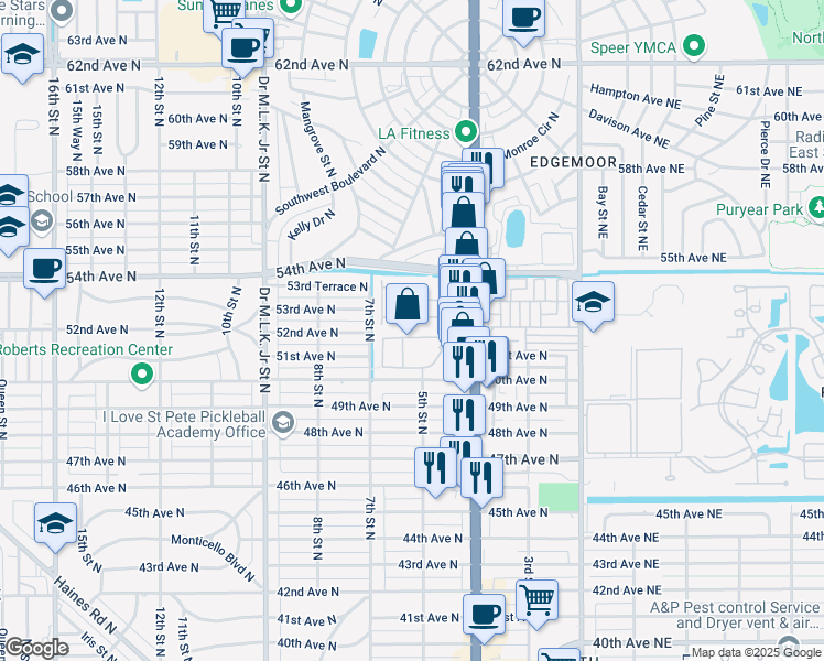 map of restaurants, bars, coffee shops, grocery stores, and more near 582 52nd Avenue North in St. Petersburg