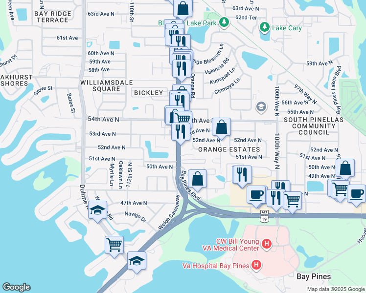 map of restaurants, bars, coffee shops, grocery stores, and more near 5139 Seminole Boulevard in St. Petersburg