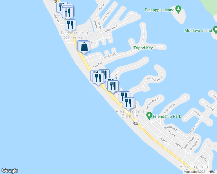 map of restaurants, bars, coffee shops, grocery stores, and more near 17035 Gulf Boulevard in St. Petersburg