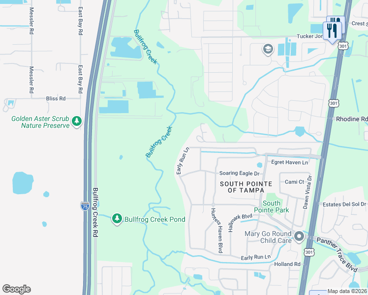 map of restaurants, bars, coffee shops, grocery stores, and more near 13136 Early Run Lane in Riverview