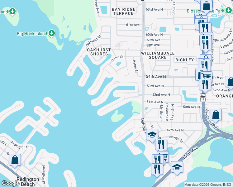 map of restaurants, bars, coffee shops, grocery stores, and more near 672 Boca Ciega Point Boulevard in St. Petersburg