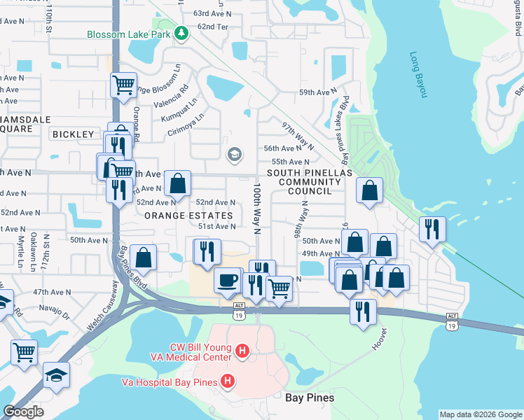 map of restaurants, bars, coffee shops, grocery stores, and more near 5225 100th Way North in Saint Petersburg