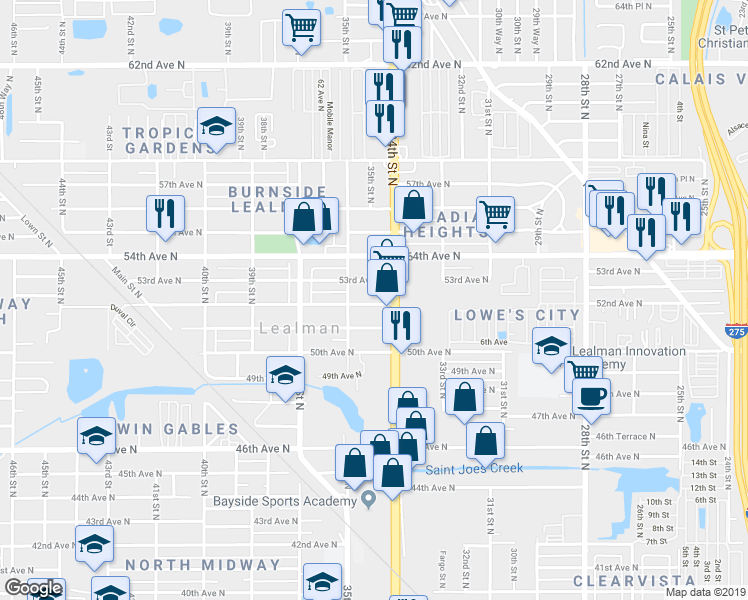 map of restaurants, bars, coffee shops, grocery stores, and more near 3457 52nd Avenue North in Saint Petersburg