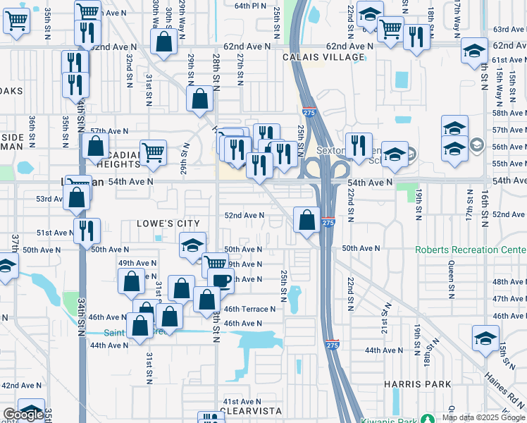 map of restaurants, bars, coffee shops, grocery stores, and more near 2500 52nd Avenue North in St. Petersburg