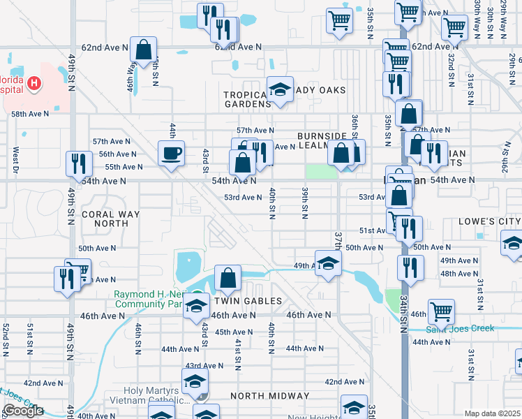 map of restaurants, bars, coffee shops, grocery stores, and more near 4042 52nd Avenue North in St. Petersburg