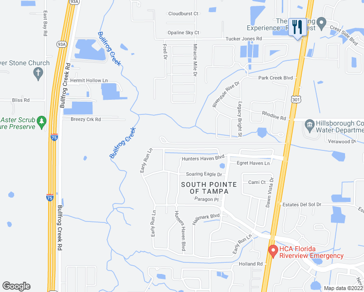 map of restaurants, bars, coffee shops, grocery stores, and more near 13222 Early Run Lane in Riverview