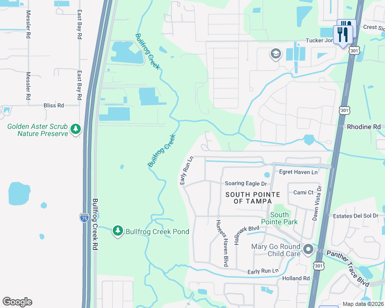 map of restaurants, bars, coffee shops, grocery stores, and more near 13140 Early Run Lane in Riverview