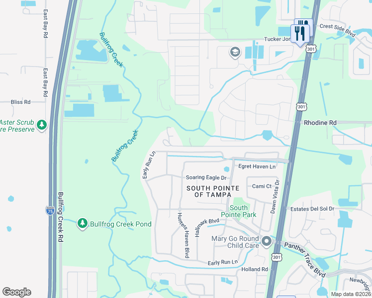 map of restaurants, bars, coffee shops, grocery stores, and more near 13222 Early Run Lane in Riverview