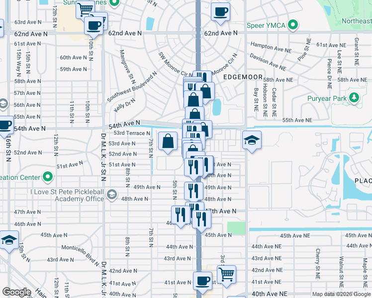 map of restaurants, bars, coffee shops, grocery stores, and more near 5225 5th Way North in St. Petersburg