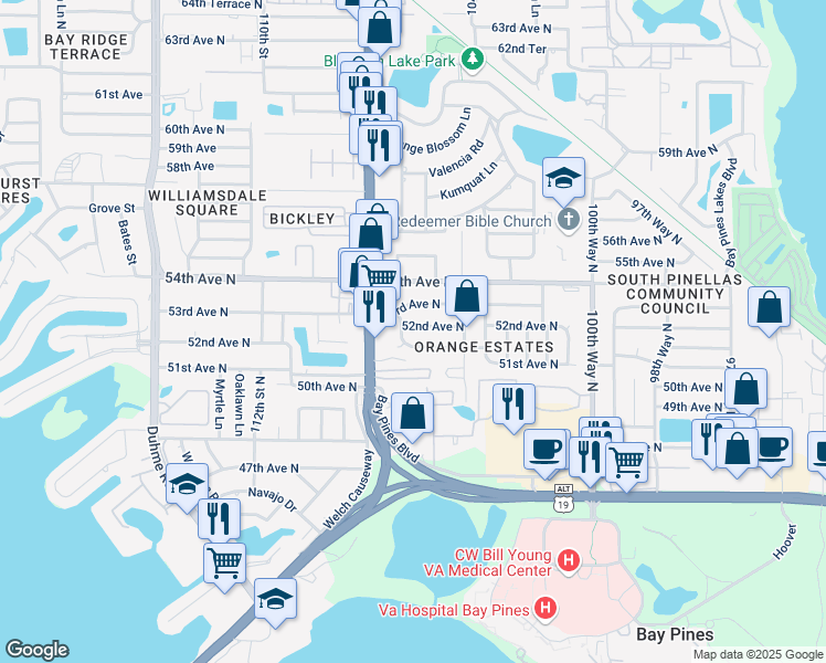 map of restaurants, bars, coffee shops, grocery stores, and more near 10554 52nd Avenue North in St. Petersburg