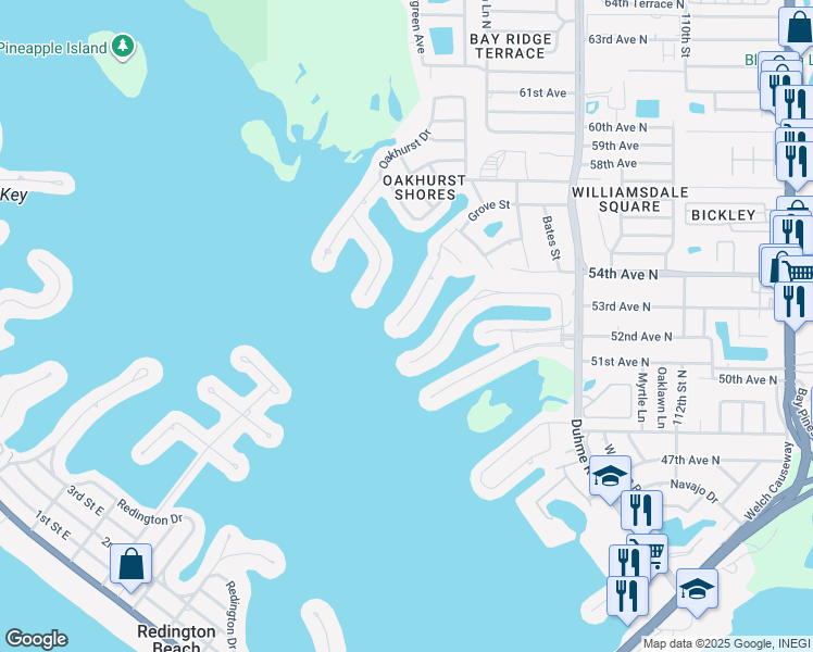 map of restaurants, bars, coffee shops, grocery stores, and more near 587 Boca Ciega Point Boulevard North in St. Petersburg