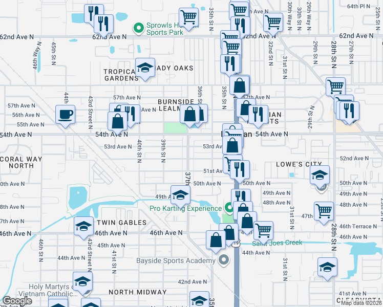map of restaurants, bars, coffee shops, grocery stores, and more near 3670 52nd Avenue North in St. Petersburg