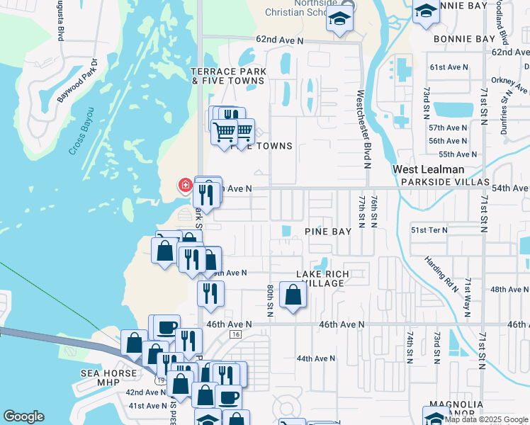map of restaurants, bars, coffee shops, grocery stores, and more near 6526 52nd Terrace North in St. Petersburg