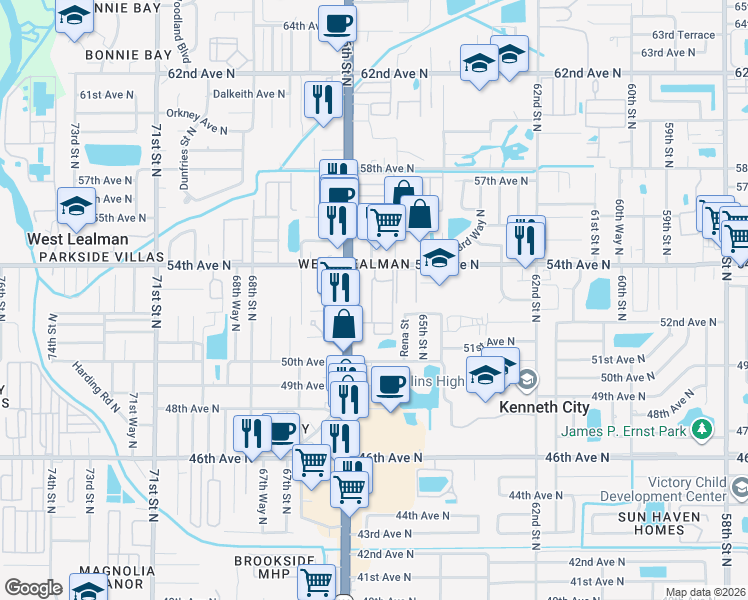 map of restaurants, bars, coffee shops, grocery stores, and more near 5243 65th Way North in St. Petersburg