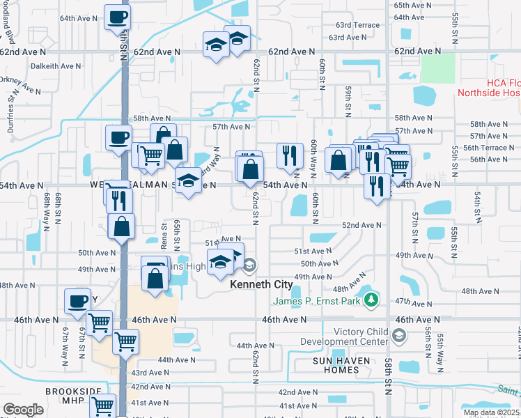 map of restaurants, bars, coffee shops, grocery stores, and more near 5255 62nd Street North in Pinellas Park
