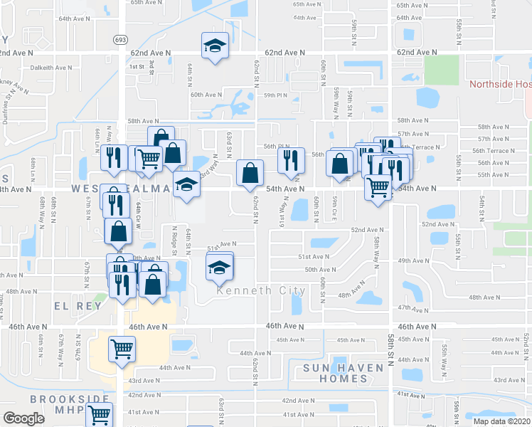 map of restaurants, bars, coffee shops, grocery stores, and more near 6201 51st Terrace North in St. Petersburg
