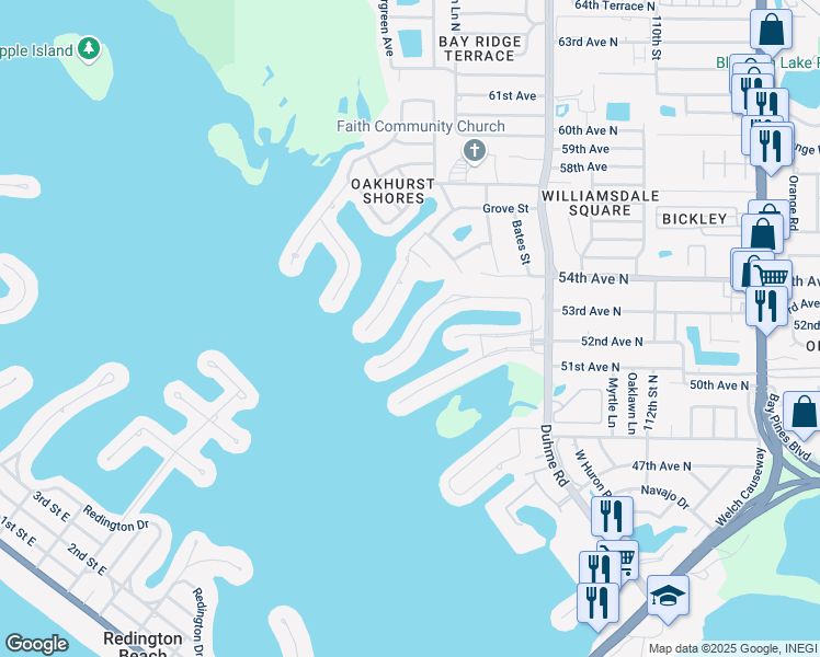 map of restaurants, bars, coffee shops, grocery stores, and more near 587 Boca Ciega Point Boulevard North in St. Petersburg