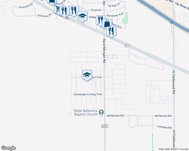 map of restaurants, bars, coffee shops, grocery stores, and more near 1921 Oregon Trail in Corpus Christi