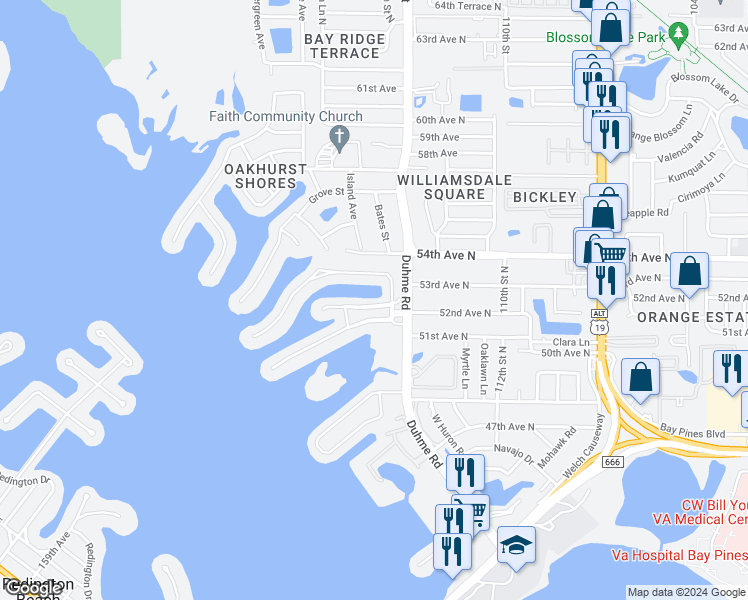 map of restaurants, bars, coffee shops, grocery stores, and more near 1 Boca Ciega Point Boulevard in St. Petersburg