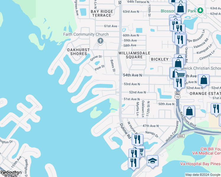 map of restaurants, bars, coffee shops, grocery stores, and more near 1 Boca Ciega Point Boulevard in St. Petersburg