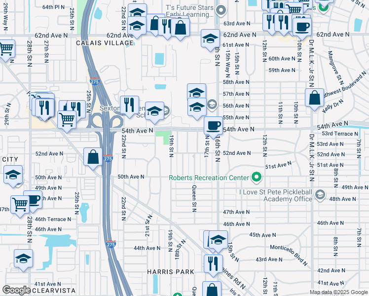 map of restaurants, bars, coffee shops, grocery stores, and more near 5210 18th Street North in St. Petersburg
