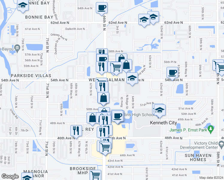 map of restaurants, bars, coffee shops, grocery stores, and more near 5300 64th Circle West in St. Petersburg