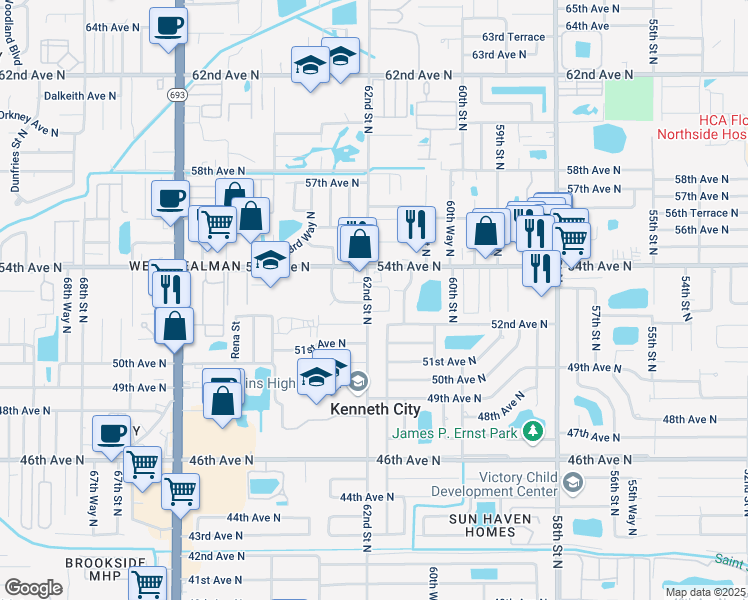map of restaurants, bars, coffee shops, grocery stores, and more near 5255 62nd Street North in St. Petersburg