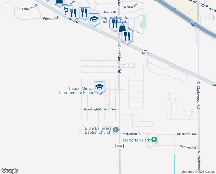 map of restaurants, bars, coffee shops, grocery stores, and more near 1921 Oregon Trail in Corpus Christi