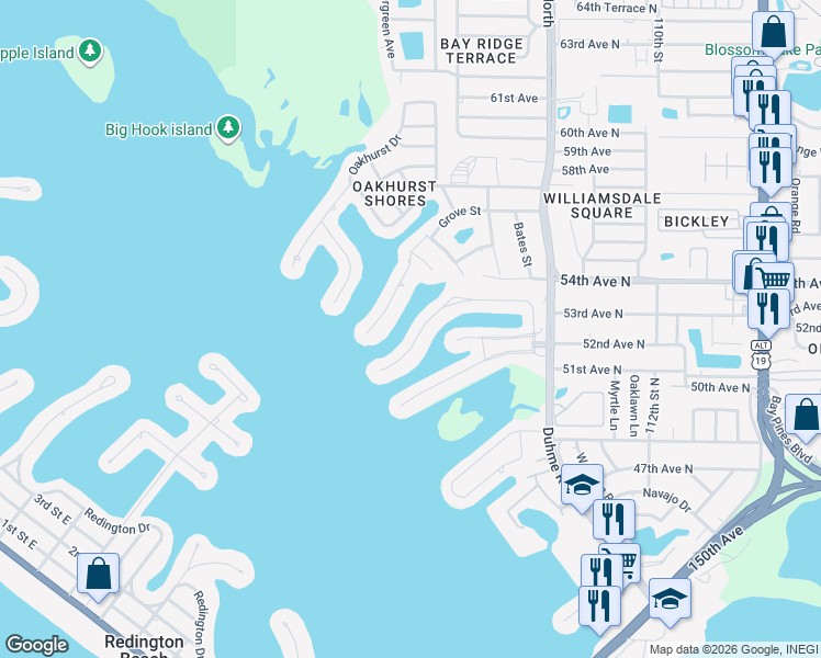 map of restaurants, bars, coffee shops, grocery stores, and more near 587 Boca Ciega Point Boulevard North in St. Petersburg