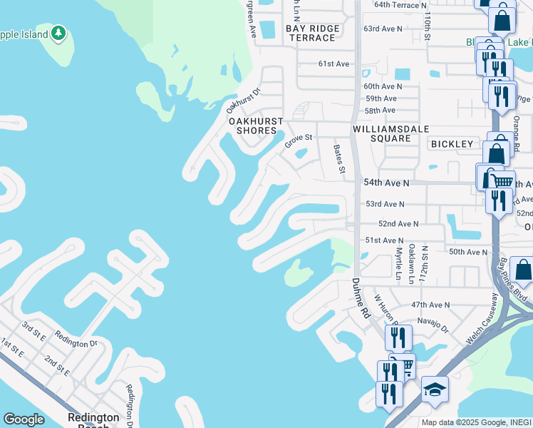 map of restaurants, bars, coffee shops, grocery stores, and more near 11658 Grove Street in Seminole