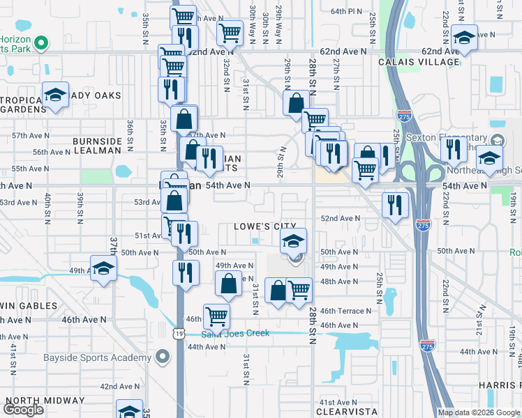 map of restaurants, bars, coffee shops, grocery stores, and more near 5353 Neil Drive in St. Petersburg
