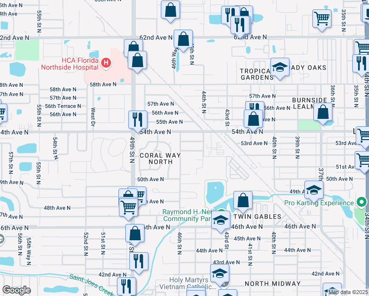 map of restaurants, bars, coffee shops, grocery stores, and more near 4551 53rd Avenue North in St. Petersburg