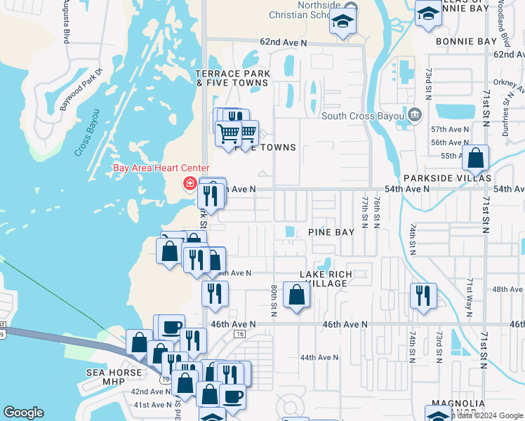 map of restaurants, bars, coffee shops, grocery stores, and more near 5357 80th Street North in St. Petersburg