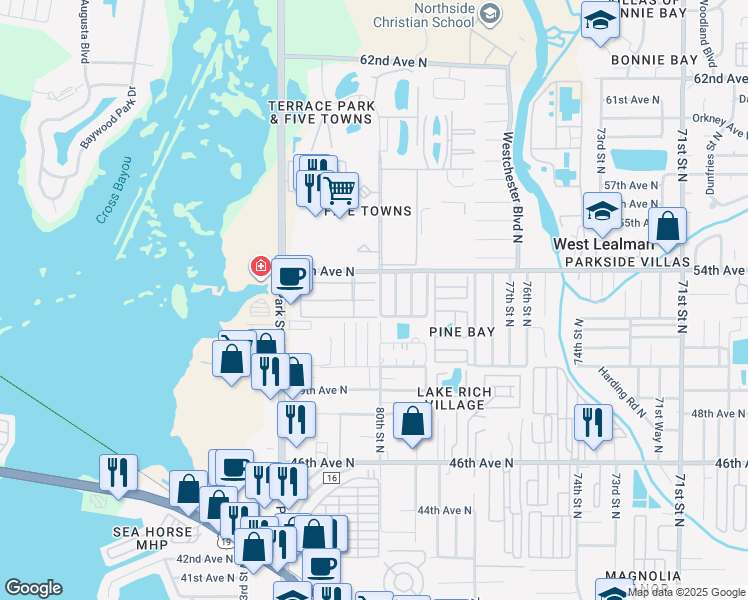 map of restaurants, bars, coffee shops, grocery stores, and more near 6527 52nd Terrace North in St. Petersburg