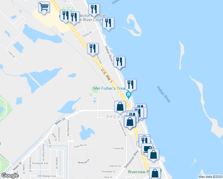 map of restaurants, bars, coffee shops, grocery stores, and more near 1515 U.S. 1 in Sebastian