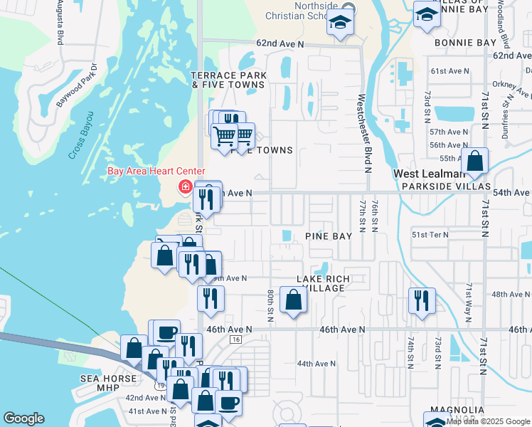 map of restaurants, bars, coffee shops, grocery stores, and more near 6542 52nd Terrace North in St. Petersburg