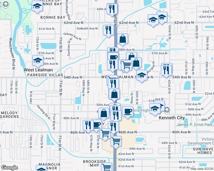 map of restaurants, bars, coffee shops, grocery stores, and more near 5296 66th Way North in St. Petersburg