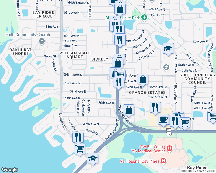 map of restaurants, bars, coffee shops, grocery stores, and more near 10722 53rd Avenue North in Saint Petersburg