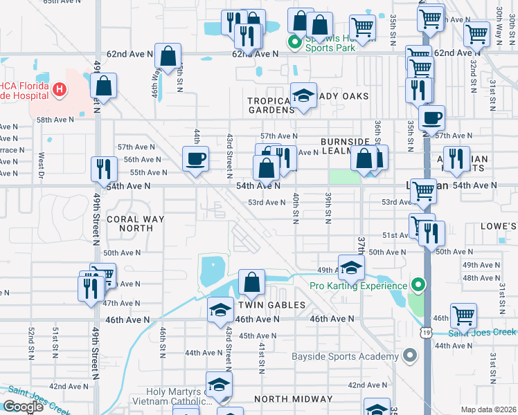 map of restaurants, bars, coffee shops, grocery stores, and more near 5290 41 Way North in Saint Petersburg
