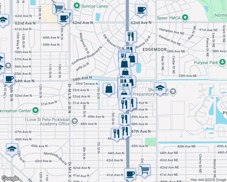 map of restaurants, bars, coffee shops, grocery stores, and more near 572 53rd Avenue North in St. Petersburg