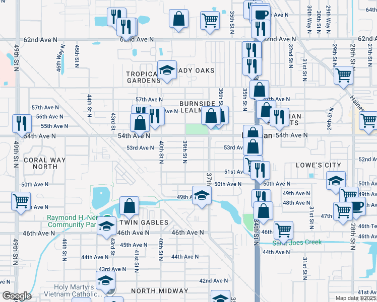map of restaurants, bars, coffee shops, grocery stores, and more near 3913 53rd Avenue North in St. Petersburg