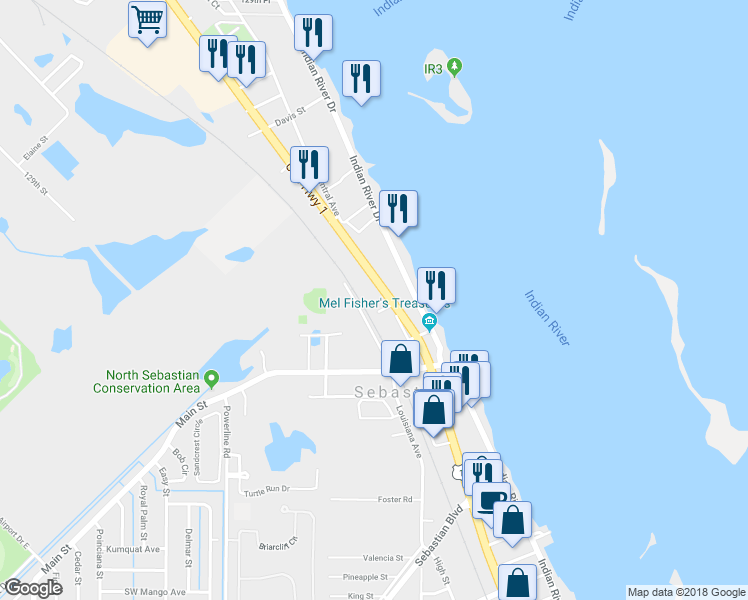 map of restaurants, bars, coffee shops, grocery stores, and more near 1511 U.S. 1 in Sebastian